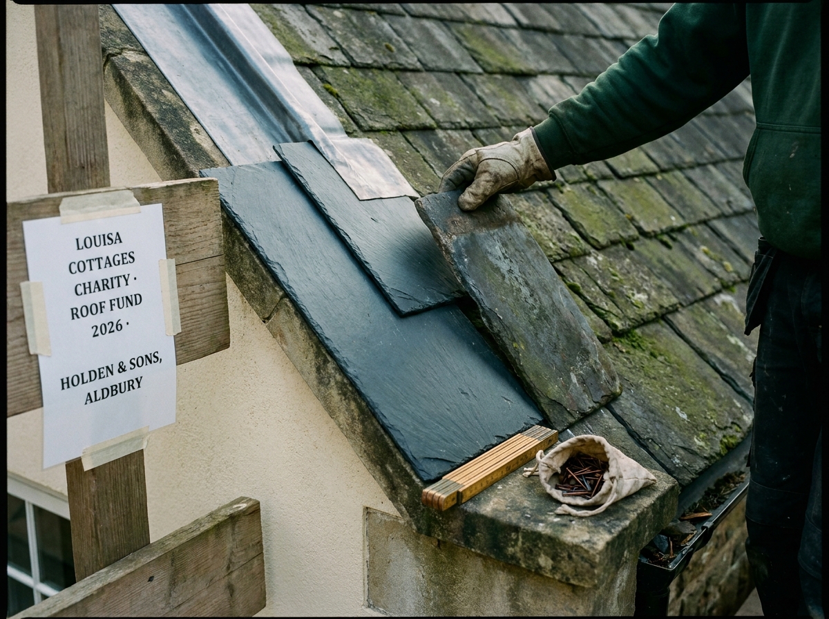 A close view of weathered Welsh slates being replaced on a sloped almshouse roof, gloves and a folding rule on the parapet.