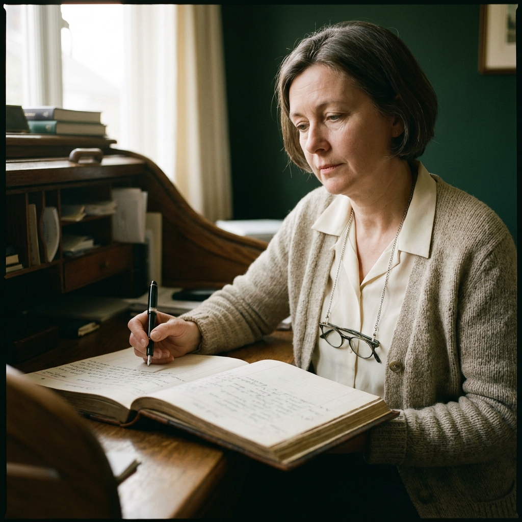 Portrait of Marian Whitcombe, the clerk to the trustees, a woman in her fifties at a roll-top desk with a ledger and a fountain pen.