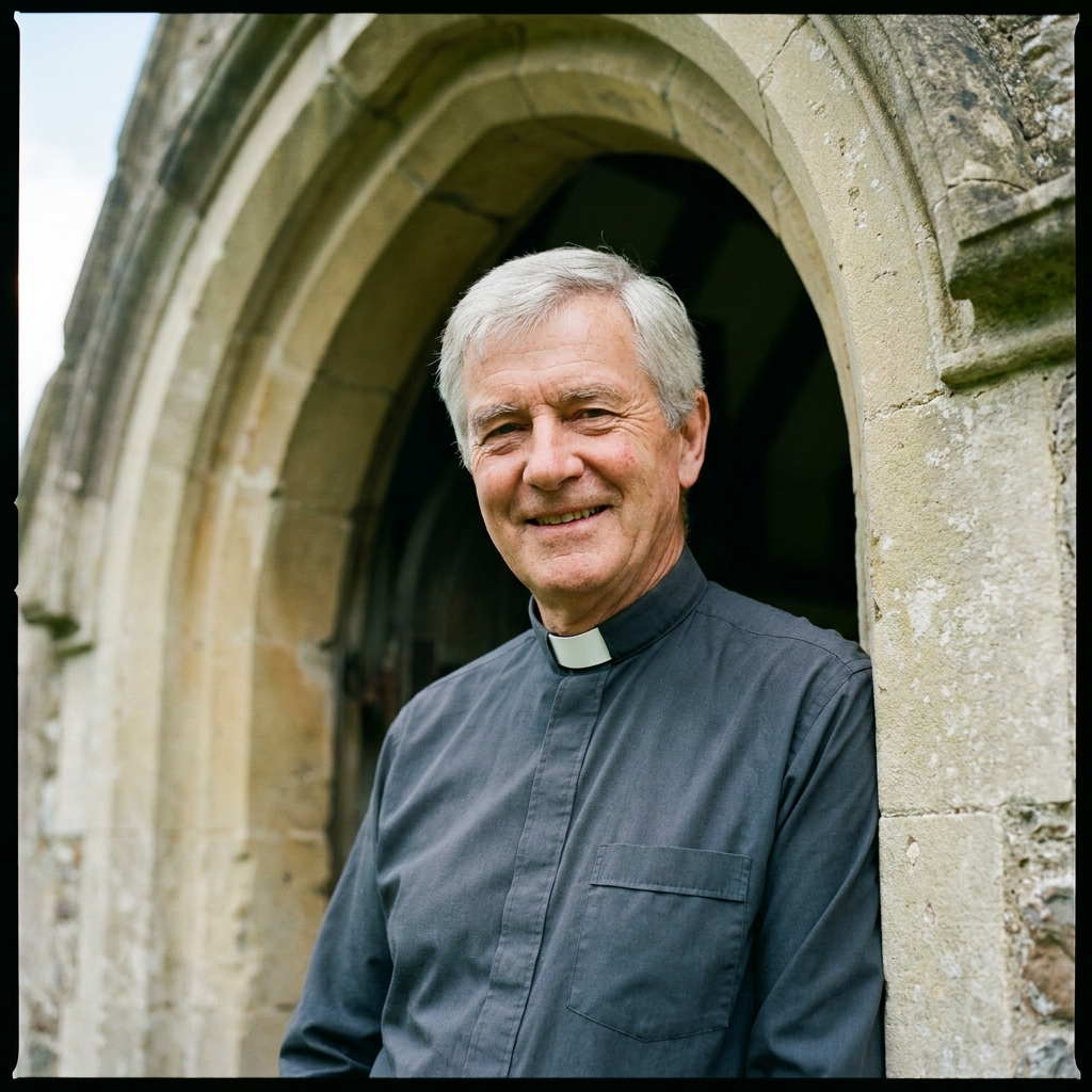 Portrait of the Reverend Henry Linton, an older clergyman in a clerical collar, photographed in the south porch of a Hertfordshire parish church.