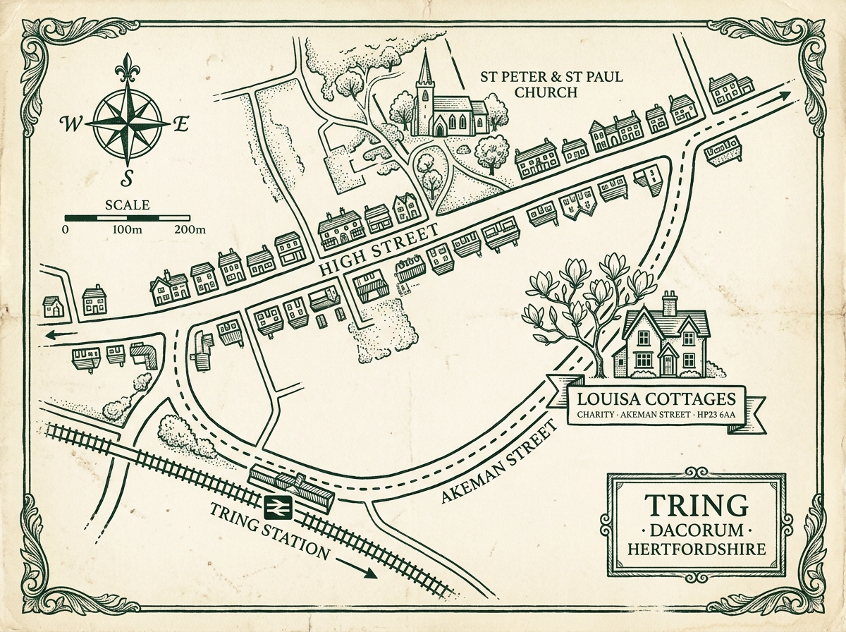 A hand-drawn editorial map showing the Louisa Cottages on Akeman Street in Tring, with the parish church, the high street, and the railway station marked.
