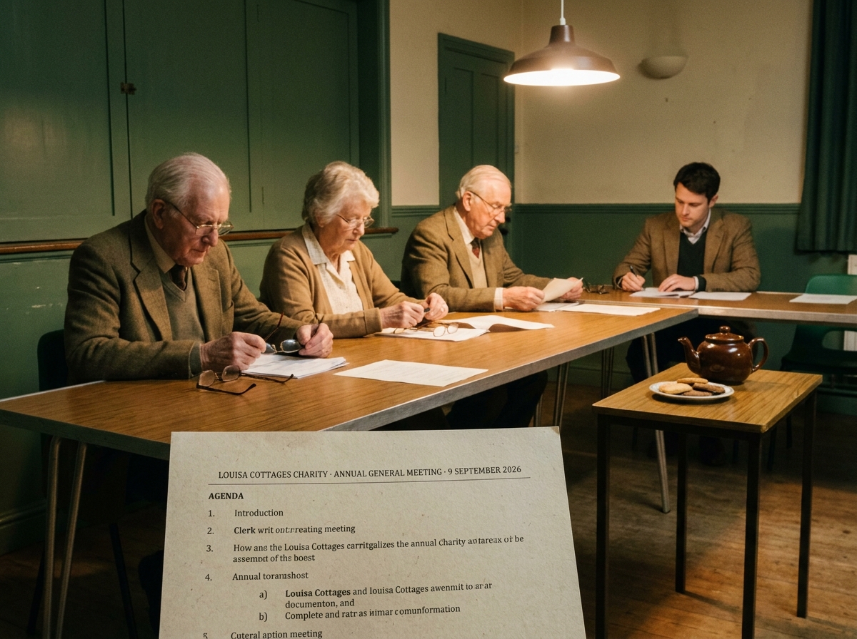 A few people at a parish-hall AGM, papers in front of them, a kettle on a side-table.