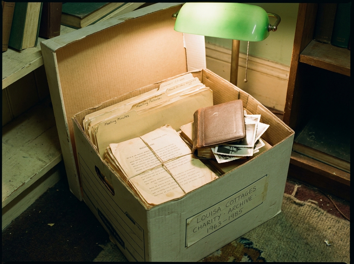 A box of old cottage records and photographs in the corner of an office.