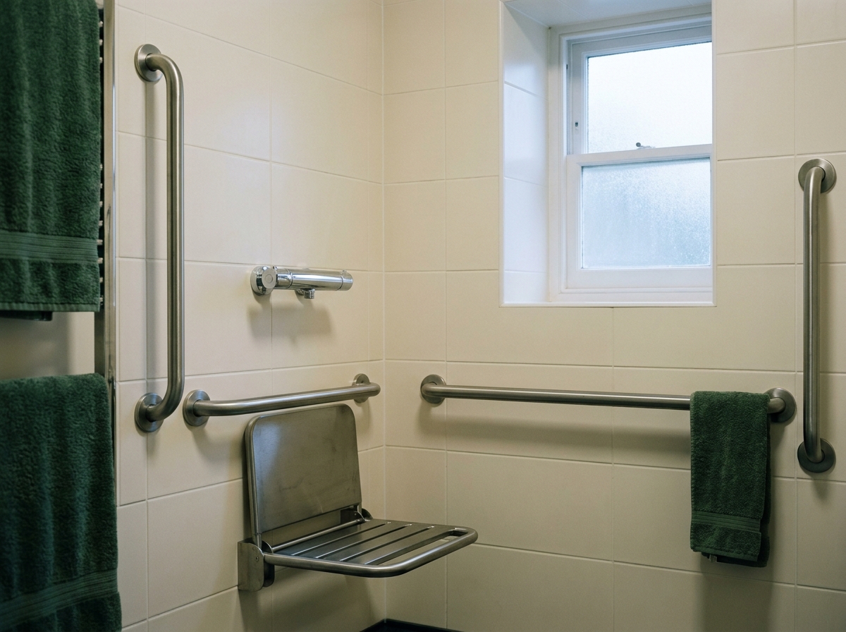 A newly fitted level-access shower in an almshouse bathroom, with stainless steel grab rails and pale tiles.