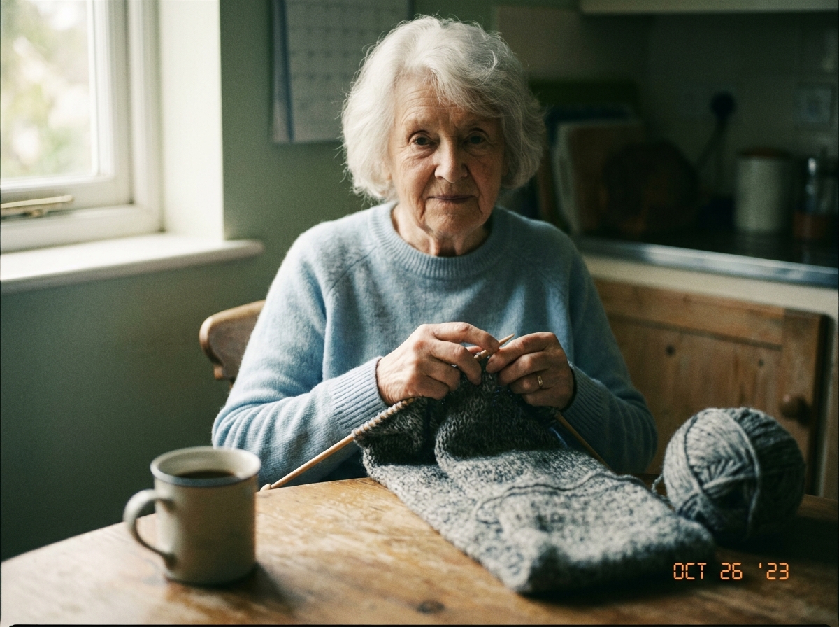 Iris at the kitchen table with knitting needles and a half-finished scarf.