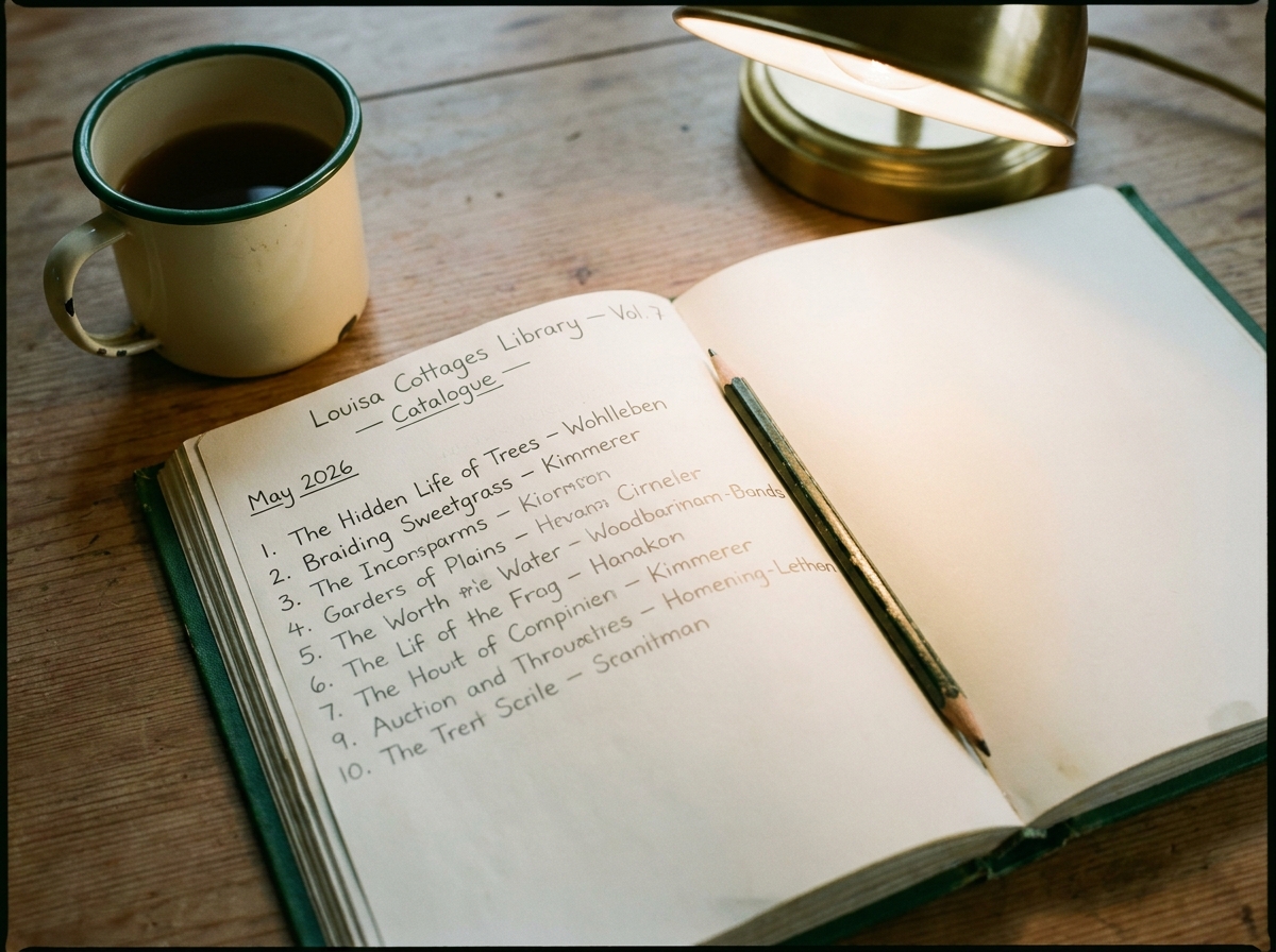 A close view of Margaret's green-bound library notebook open on a table beside a teacup.