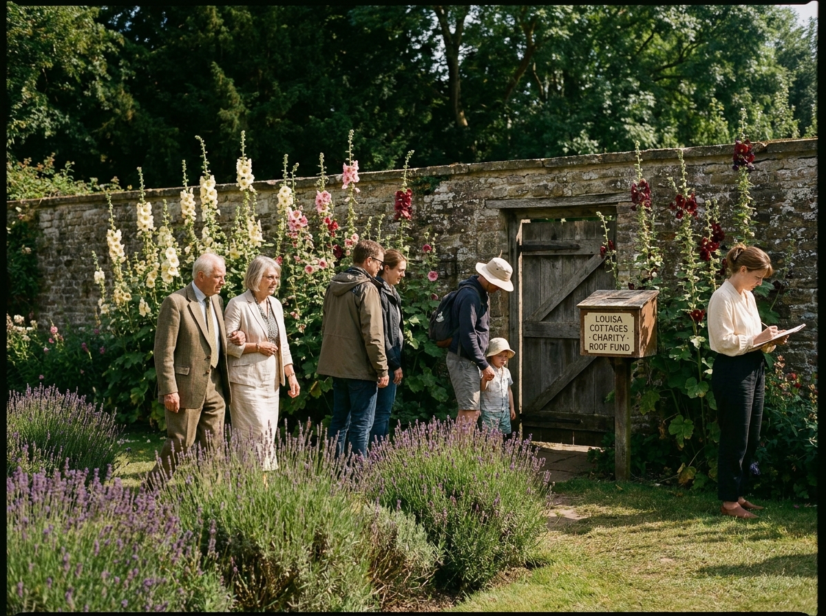 Open-garden visitors moving through the walled garden in summer light.
