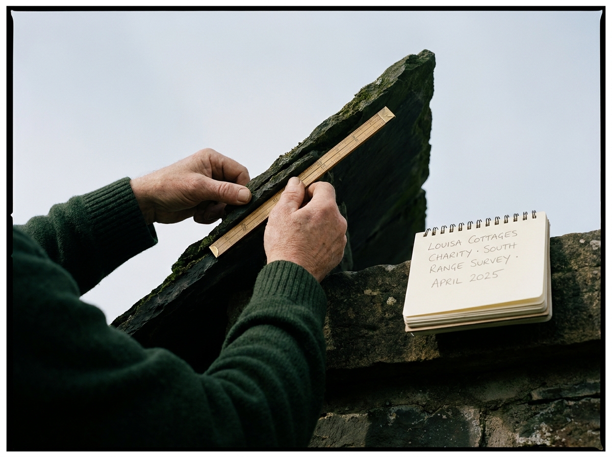 A roofer's hands and a folding rule against weathered Welsh slate.