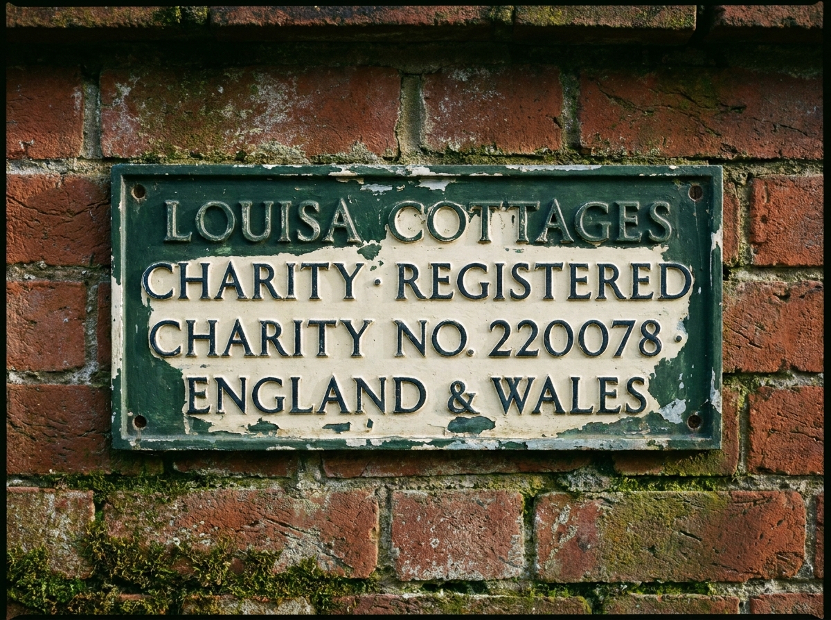 A weathered registration plaque on a brick wall reading 'Charity 220078'.
