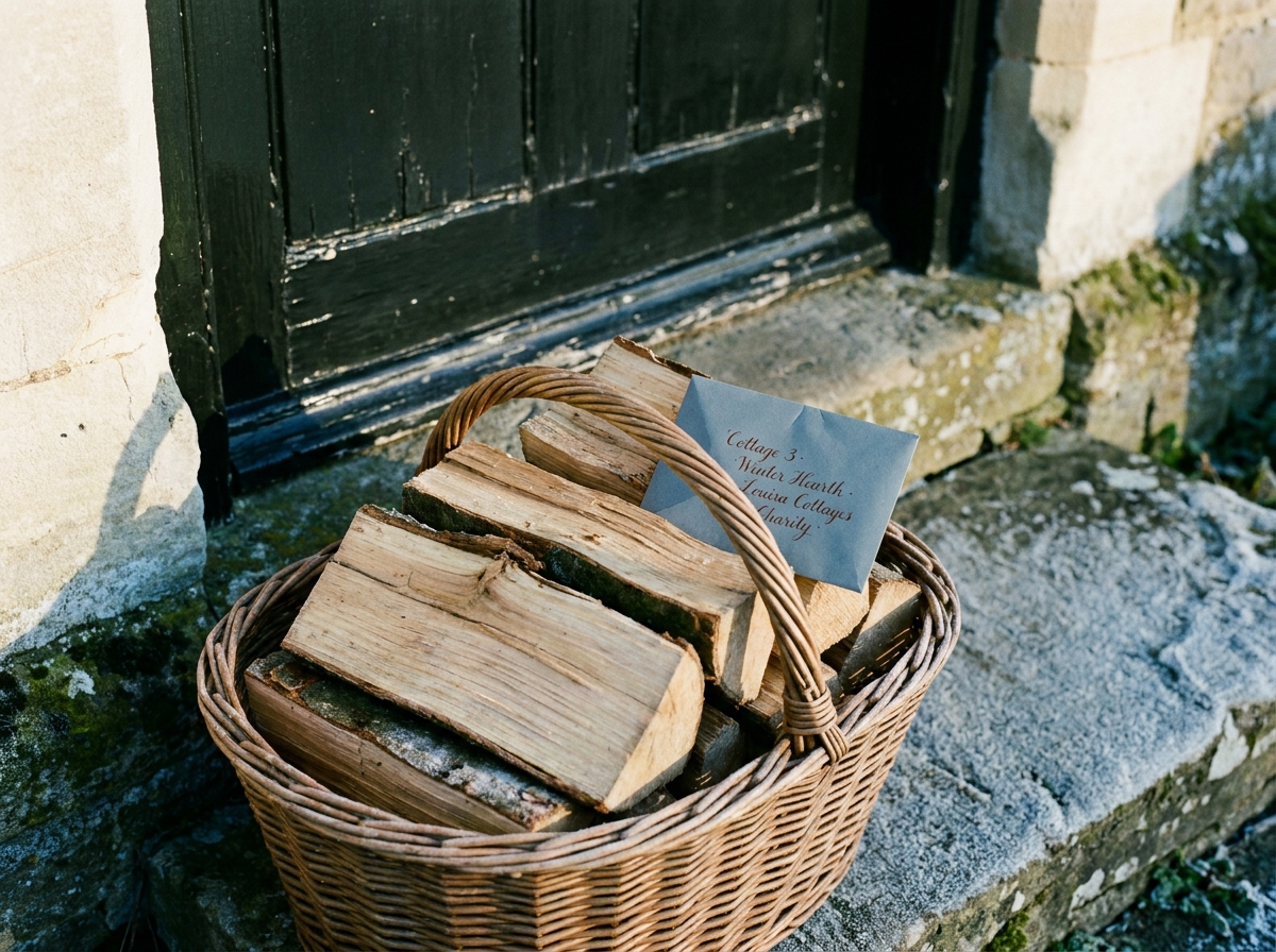 A wicker basket of split logs on a frost-touched doorstep.