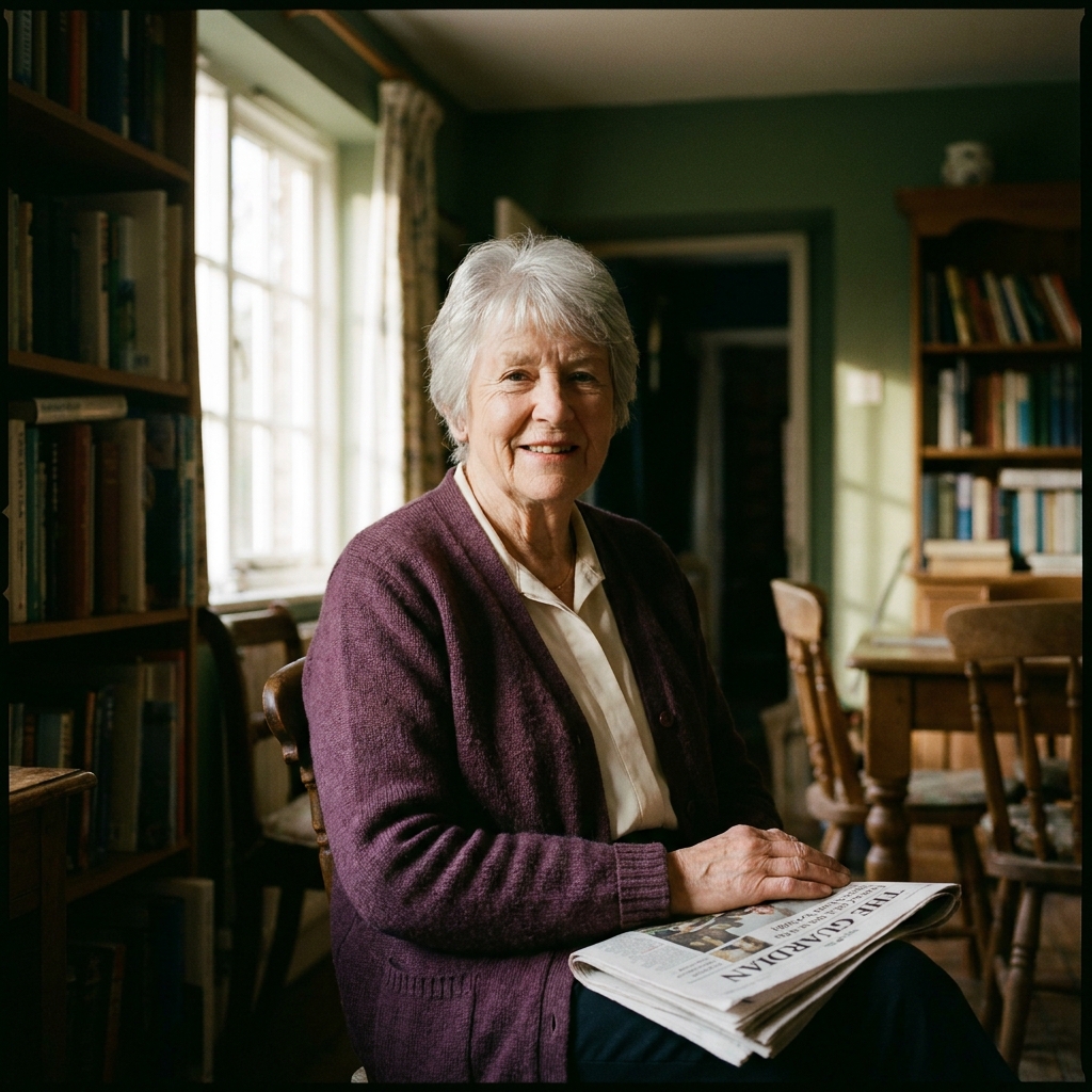 Eileen, 76, with a folded newspaper on her lap.