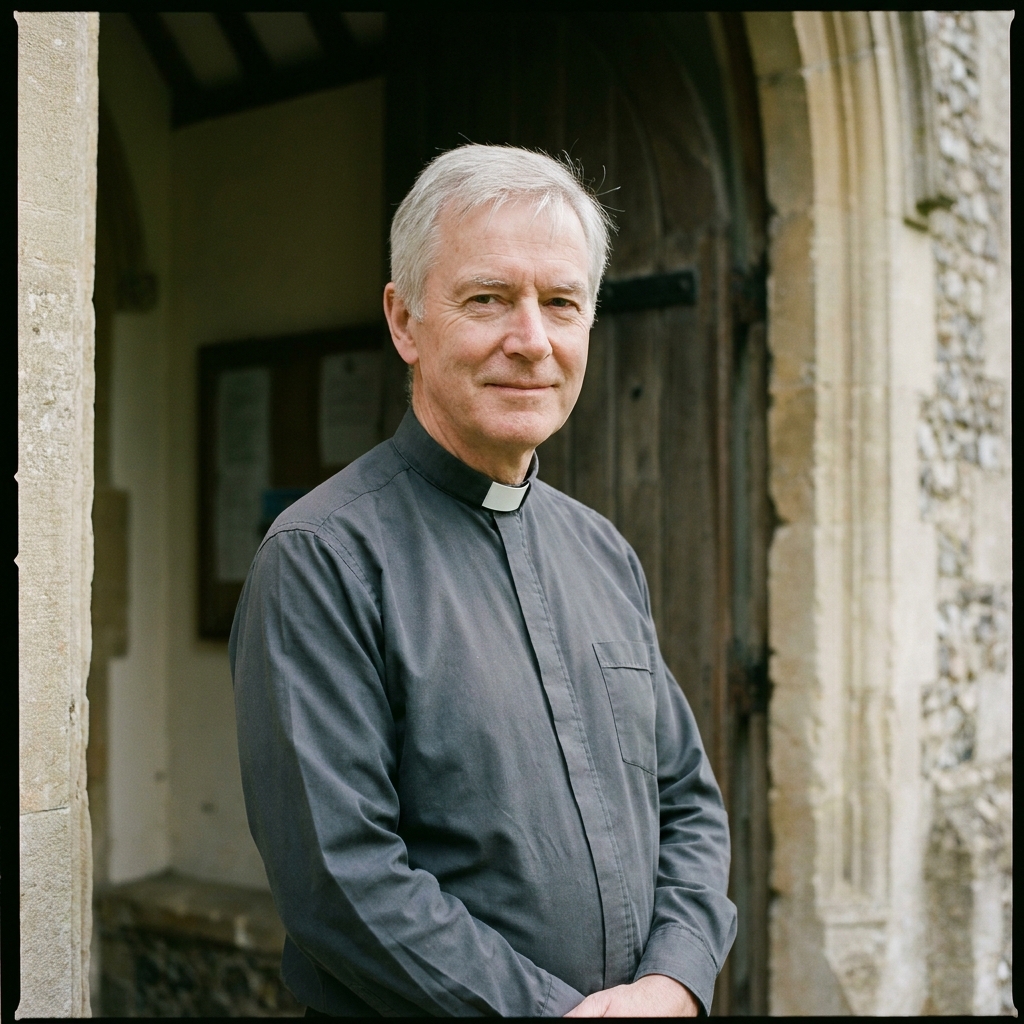 The Reverend Henry Linton in clerical collar at the church porch.