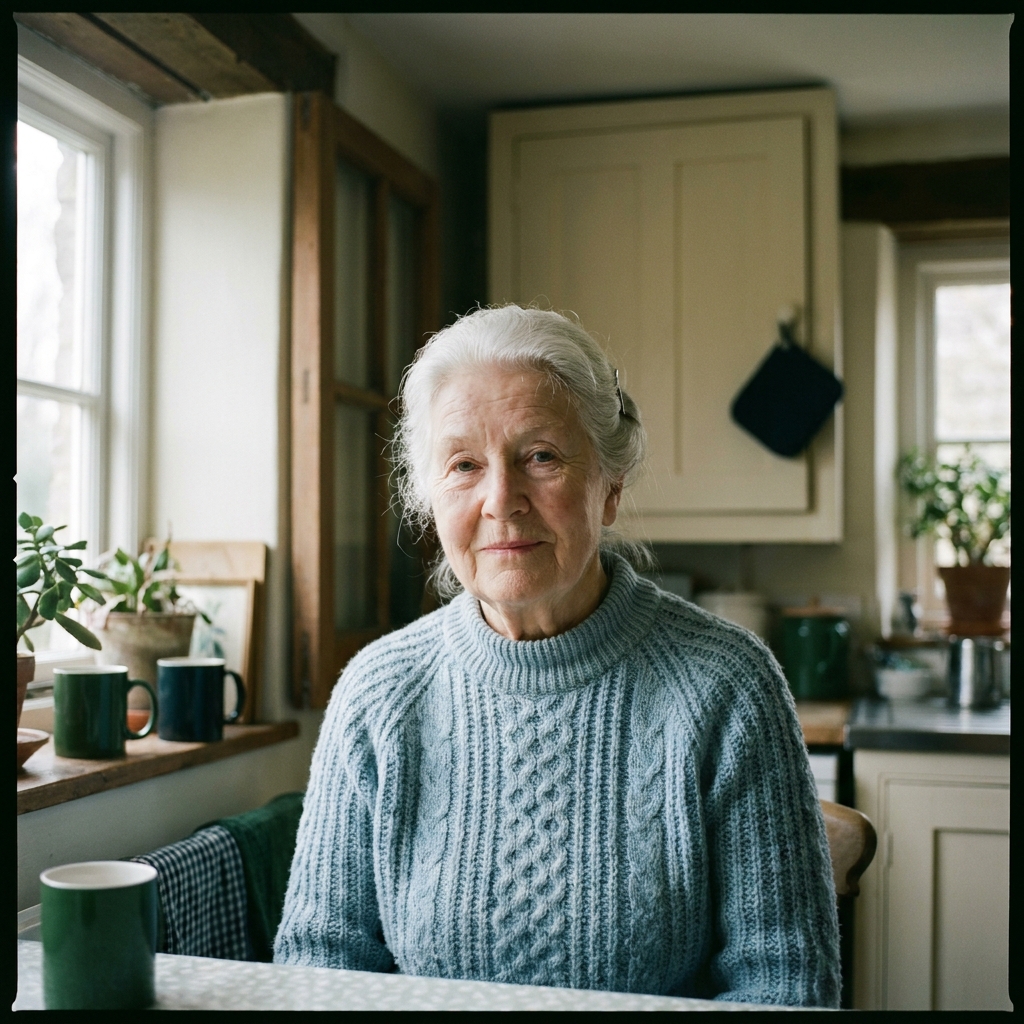 Iris, 81, in soft jumper at her kitchen window.