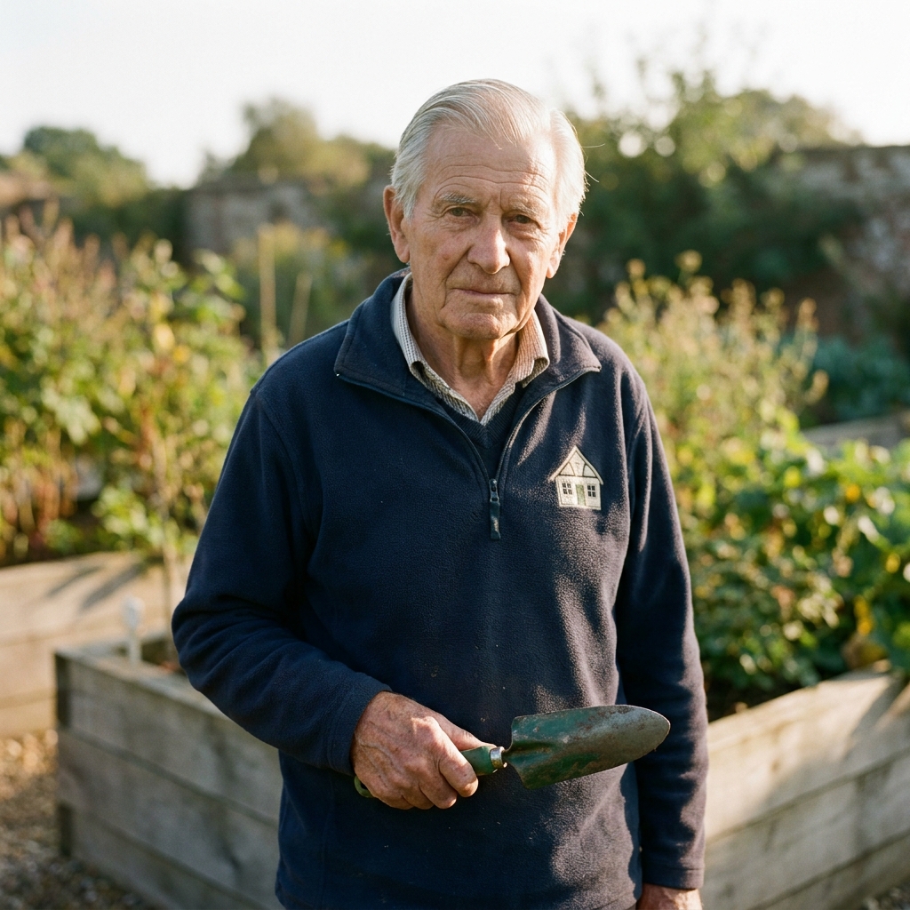Joseph, 84, in shirt sleeves with a trowel in hand.