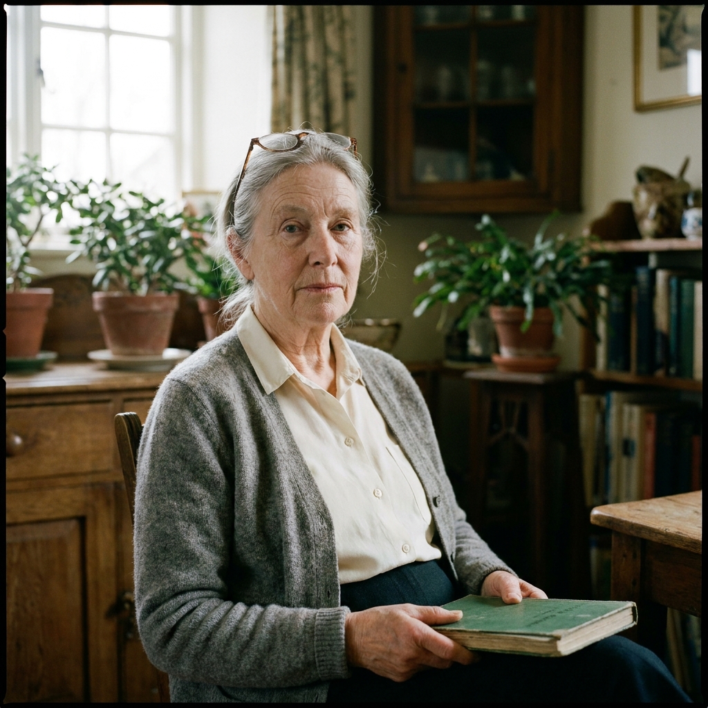 Margaret, 78, with reading glasses and her library notebook.