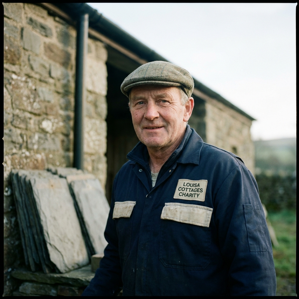 Tom Holden, 62, in work jacket and flat cap, beside a stack of Welsh slates.