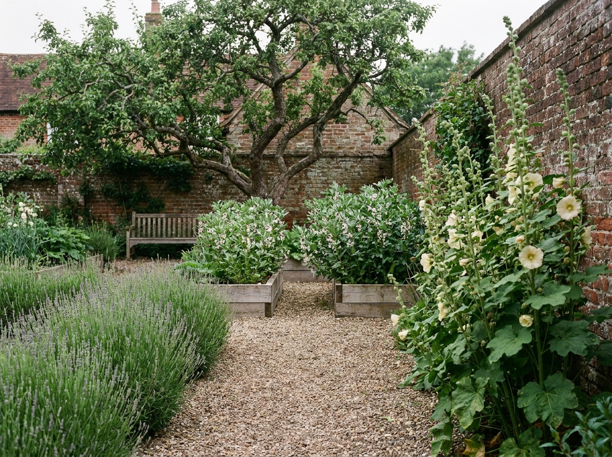 A walled cottage garden in early summer, with lavender, hollyhocks, and a wooden bench beneath an old pear tree.