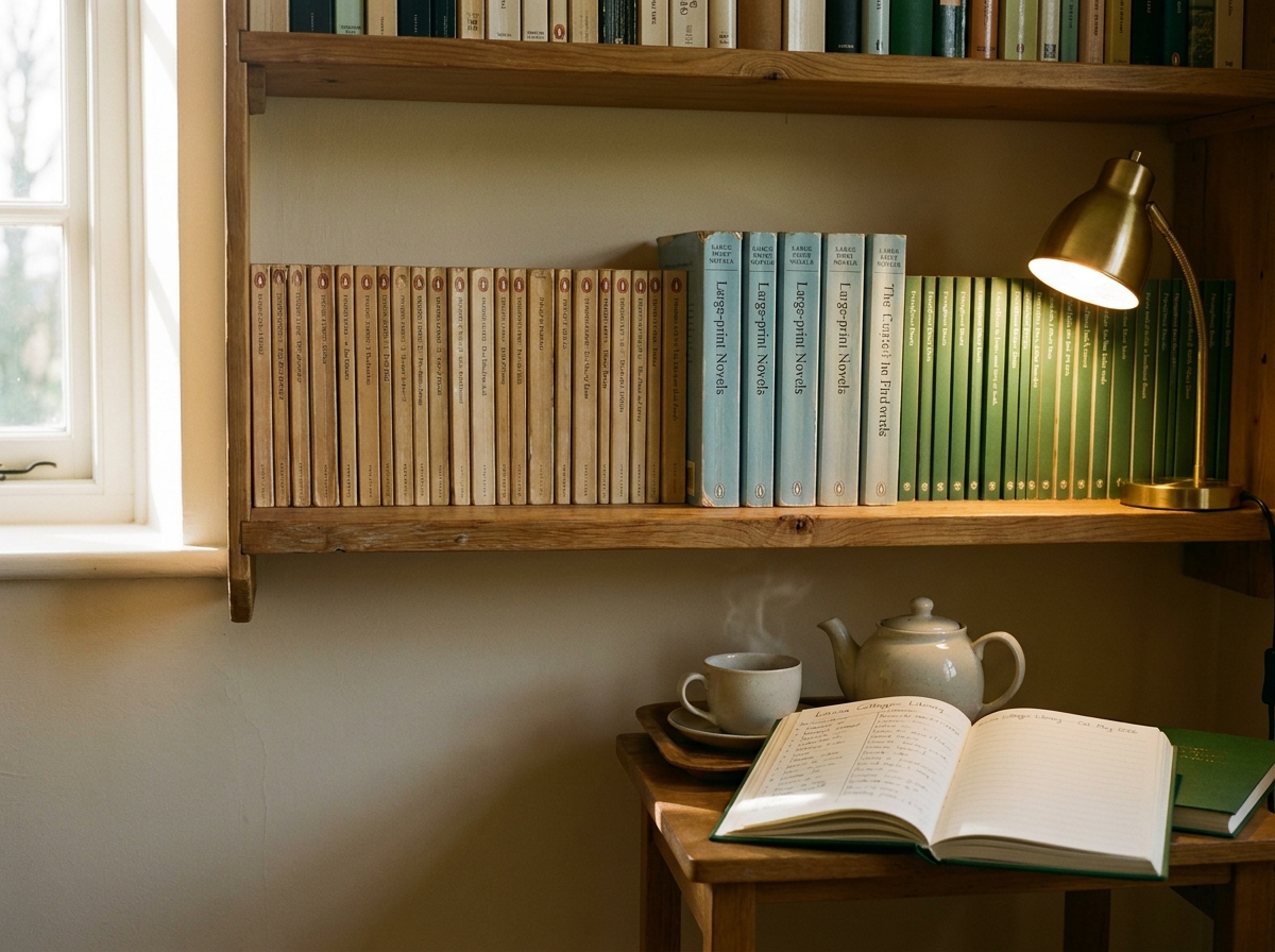 An open shelf of well-used books in the residents' common room, with a reading lamp and a tea tray.