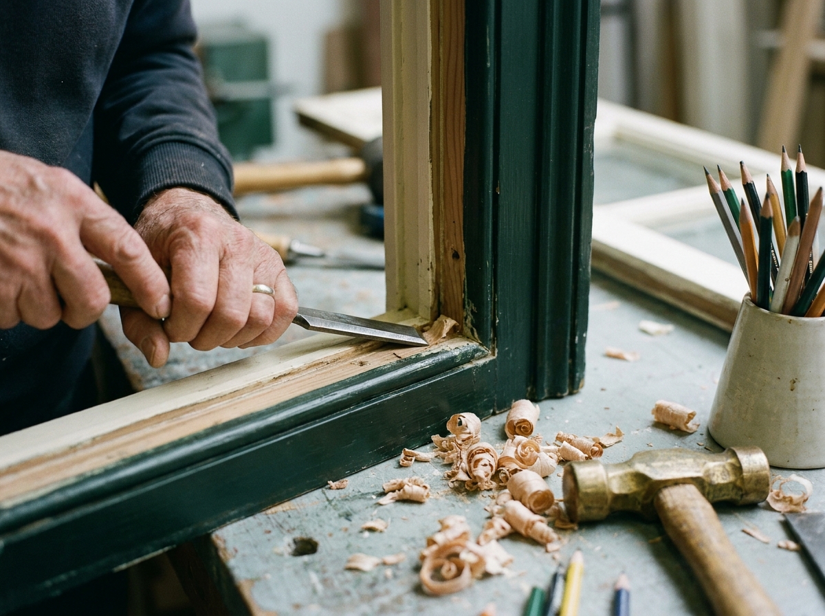 A skilled hand using a chisel on a sash window frame, sawdust on the workbench, soft light.