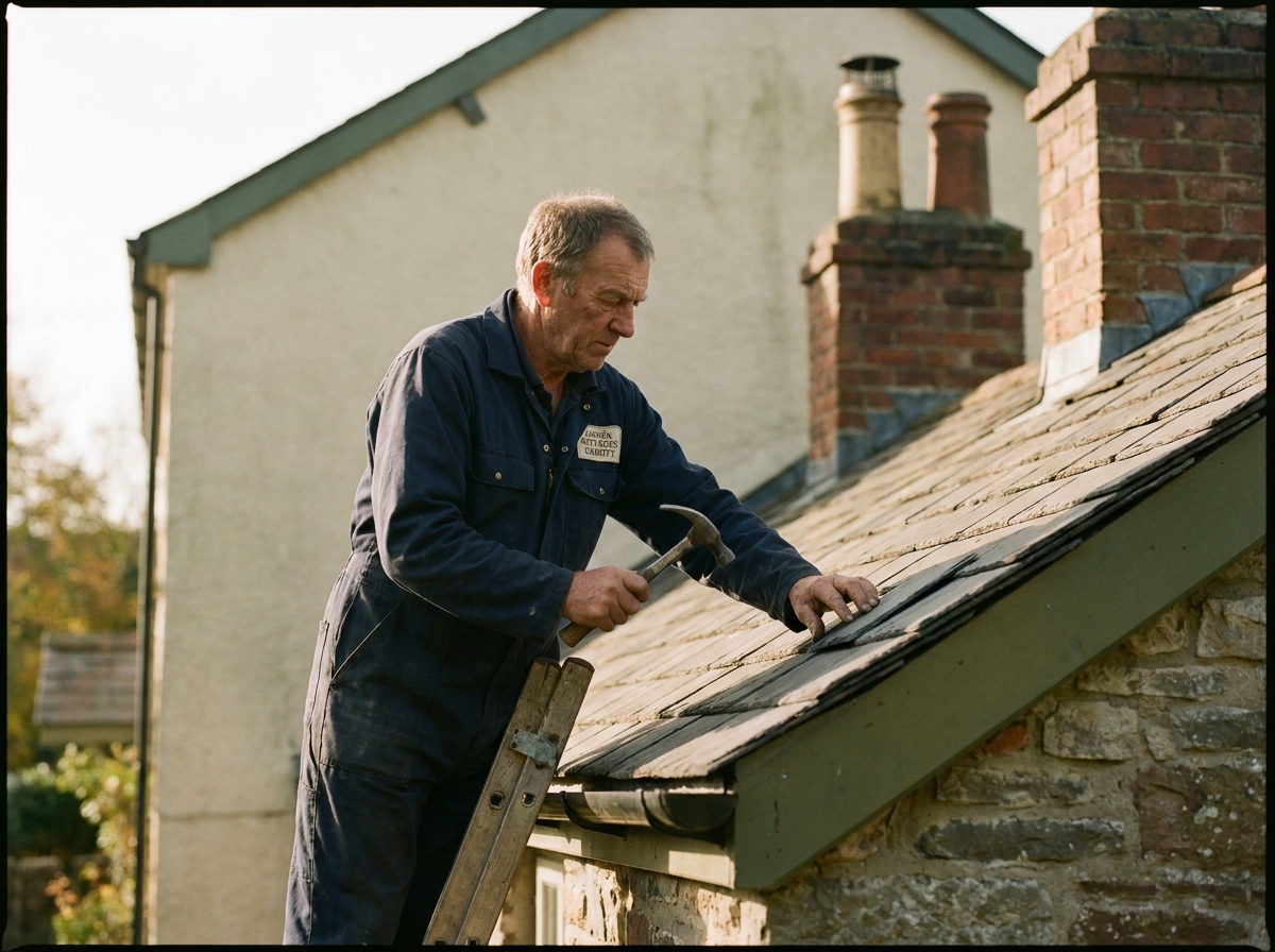 A roofer setting Welsh slates on the south range of the Louisa Cottages, in autumn light.