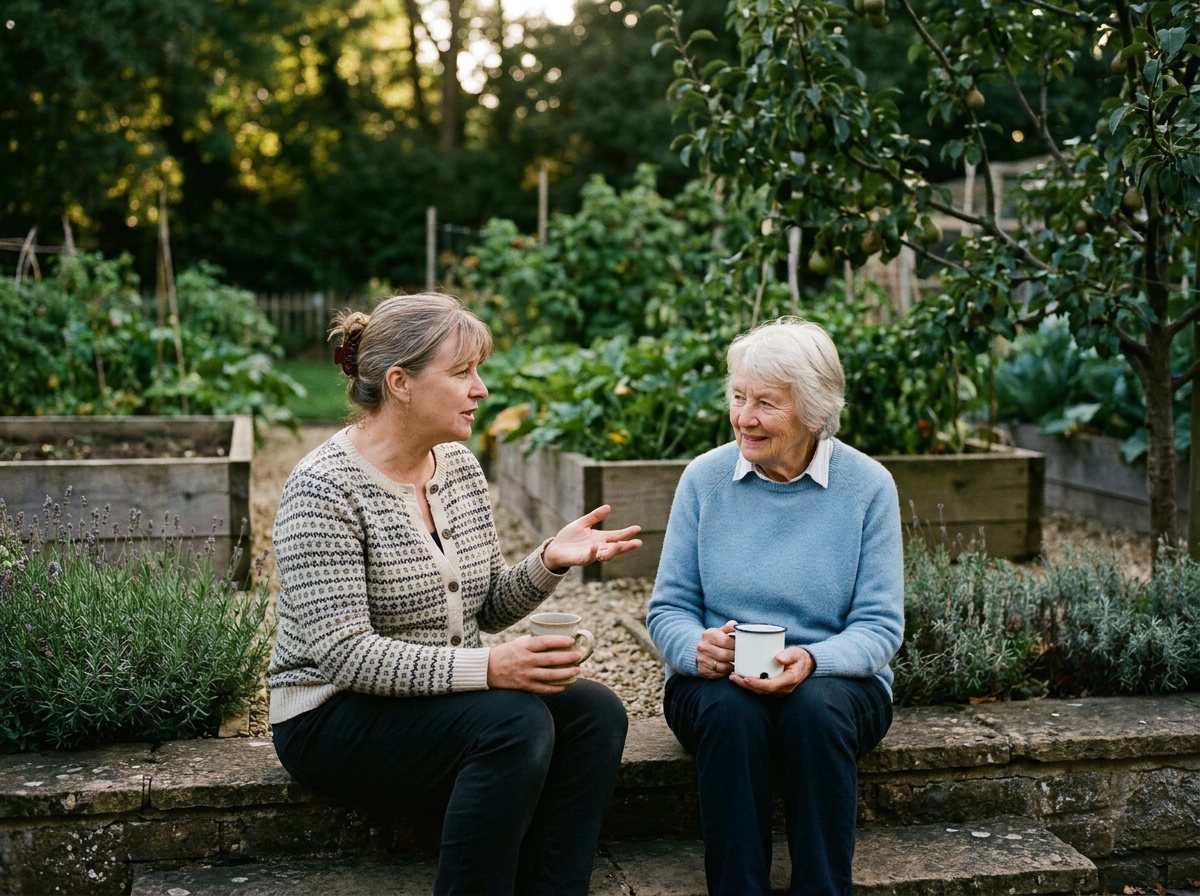 Two older neighbours sharing tea on a back step, with the kitchen garden visible behind.