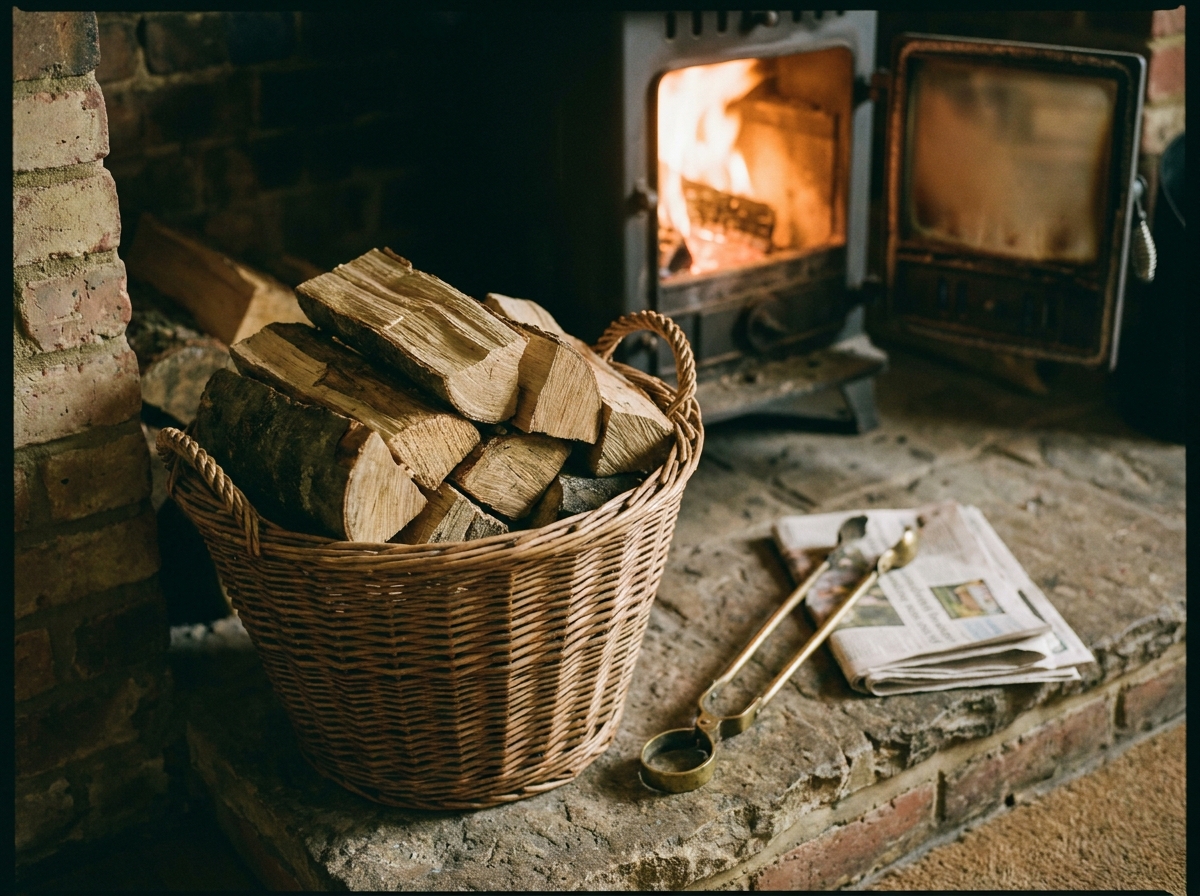 A wicker basket of split logs and a cast-iron stove door, warm light on the cottage hearth.