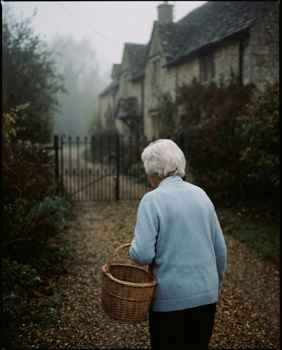 Iris, 81, walking the gravel path to the cottages with a wicker shopping basket in early morning light.