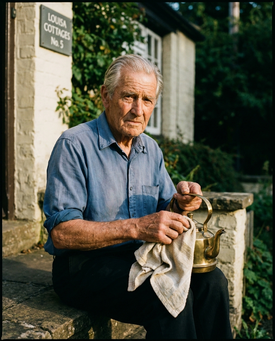 Joseph, 84, in shirt-sleeves at the back step, polishing a brass kettle in late summer.