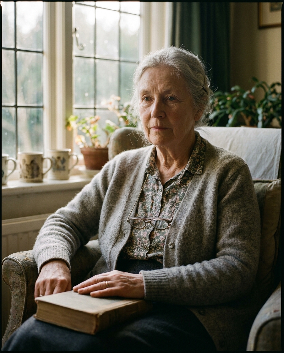 Margaret, 78, seated by the window of her cottage with a book closed on her lap, late afternoon light.