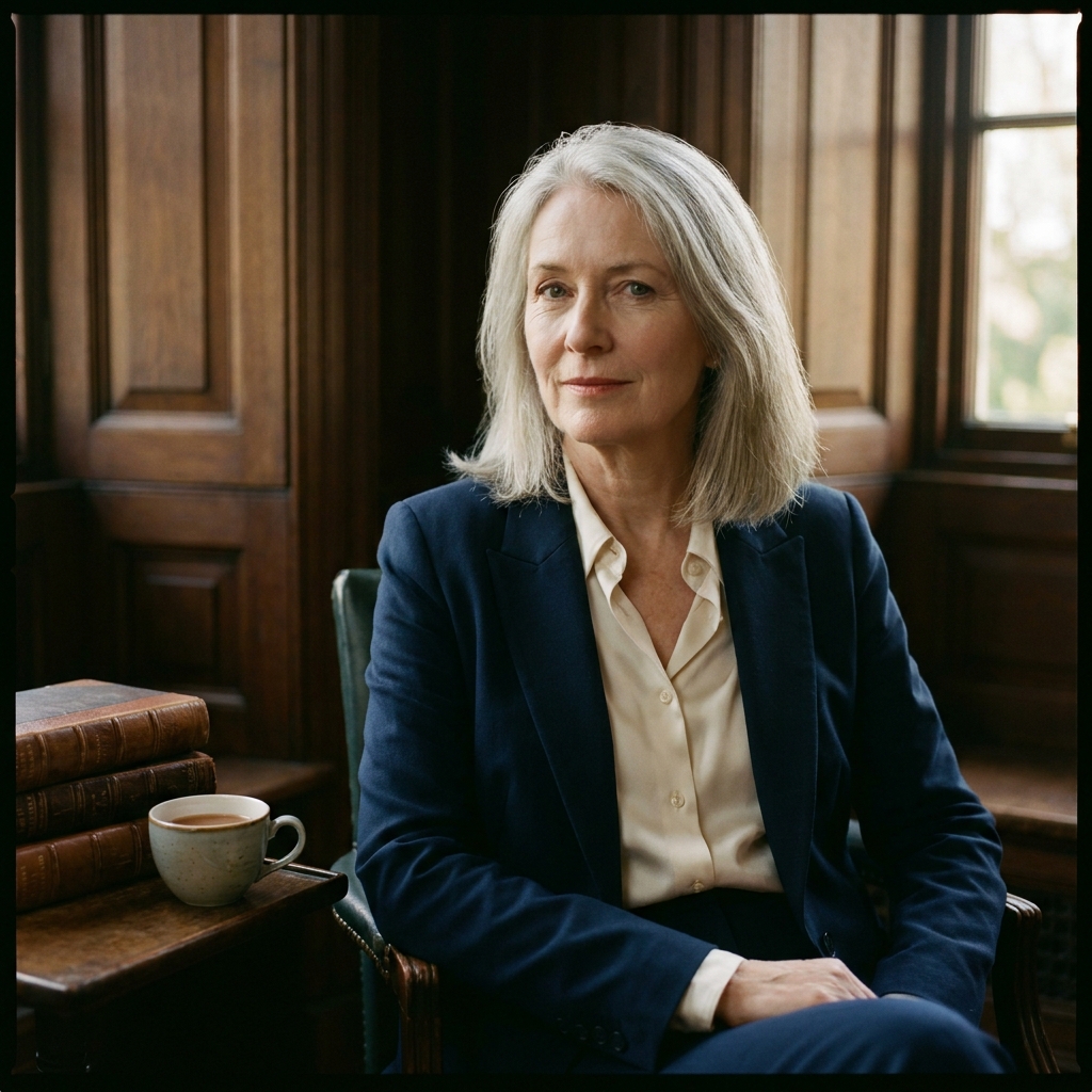 Portrait of The Honourable Emily Freeman-Attwood, a woman in her sixties seated in a paneled library with a cup of tea.