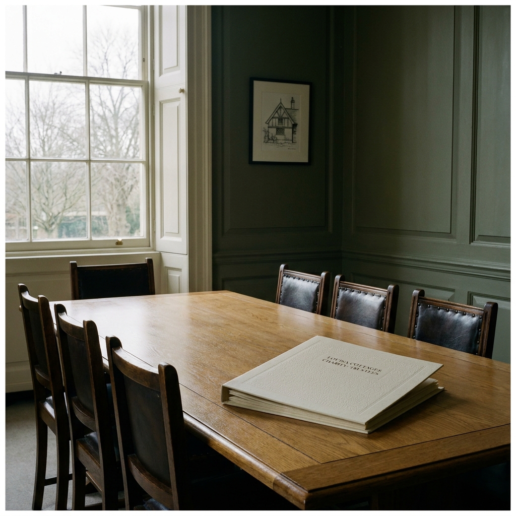 A formal interior photograph of an oak panelled meeting room at a small Hertfordshire trust office, no people present, the room reading as the working setting of a corporate trustee.